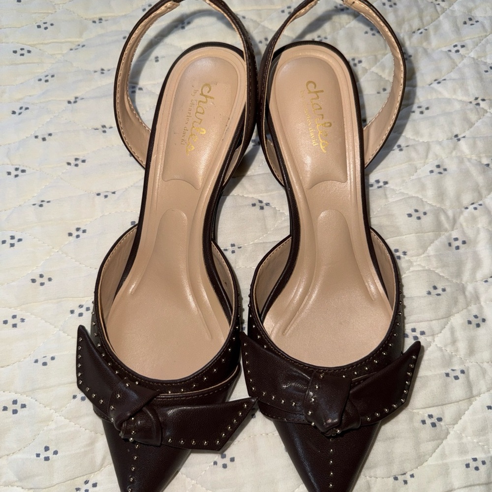 Charles By Charles David Brown Pointed-Toe Studded Slingback Heels